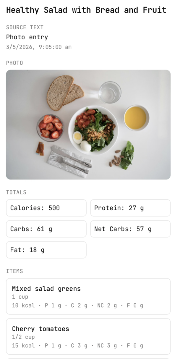 Oli iOS app meal log screen showing AI-estimated calories and macros for a breakfast entry